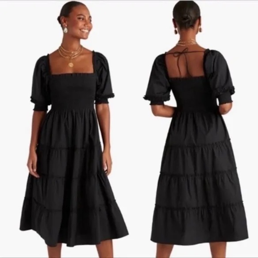 Hill House Black Smocked Midi Dress with Puff Sleeves